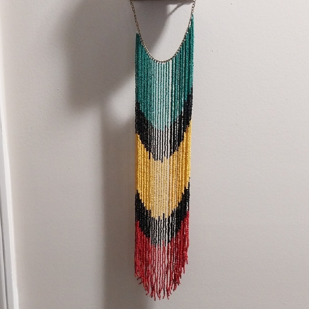 Long Beaded Fringe Necklace in Teal, Yellow, Red & Black